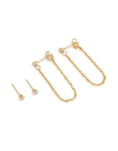 Waterproof Gold Plated Stainless Steel Cubic Zirconia Studs & Dainty Chain Earrings 2-Pack