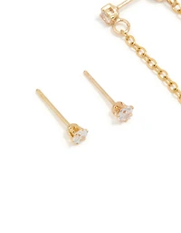 Waterproof Gold Plated Stainless Steel Cubic Zirconia Studs & Dainty Chain Earrings 2-Pack