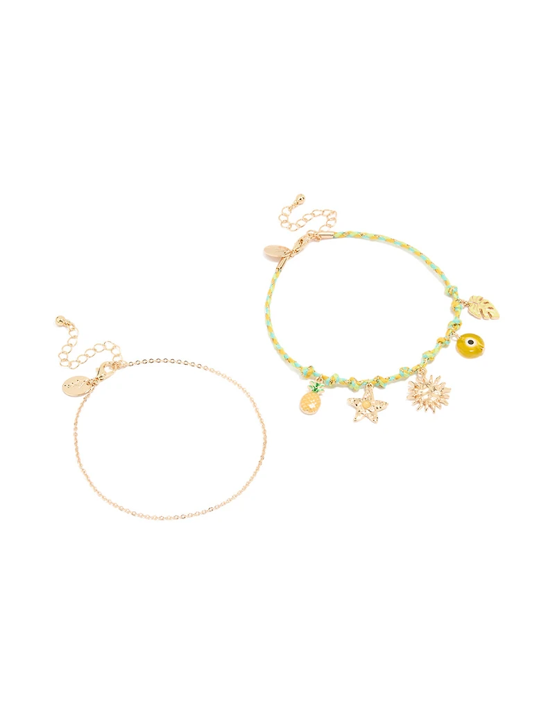 Gold Star & Rope Evil Eye Anklets 2-Pack