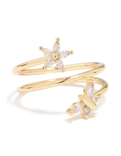 Anneau de papillon cubique en zircone plaqué or et bague florale