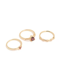 Gold Plated Red Cubic Zirconia Elegant Pear Stacking Rings 3-Pack