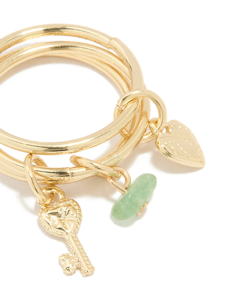 Gold Plated Green Semi Precious & Key Charm Rings 3-Pack