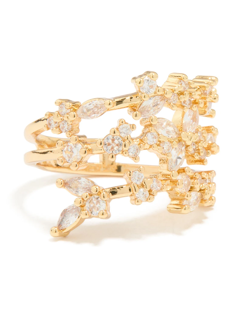 Gold Plated Cubic Zirconia Flower Triple Layer Ring