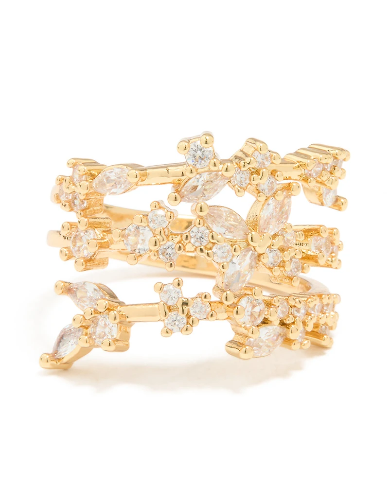 Gold Plated Cubic Zirconia Flower Triple Layer Ring