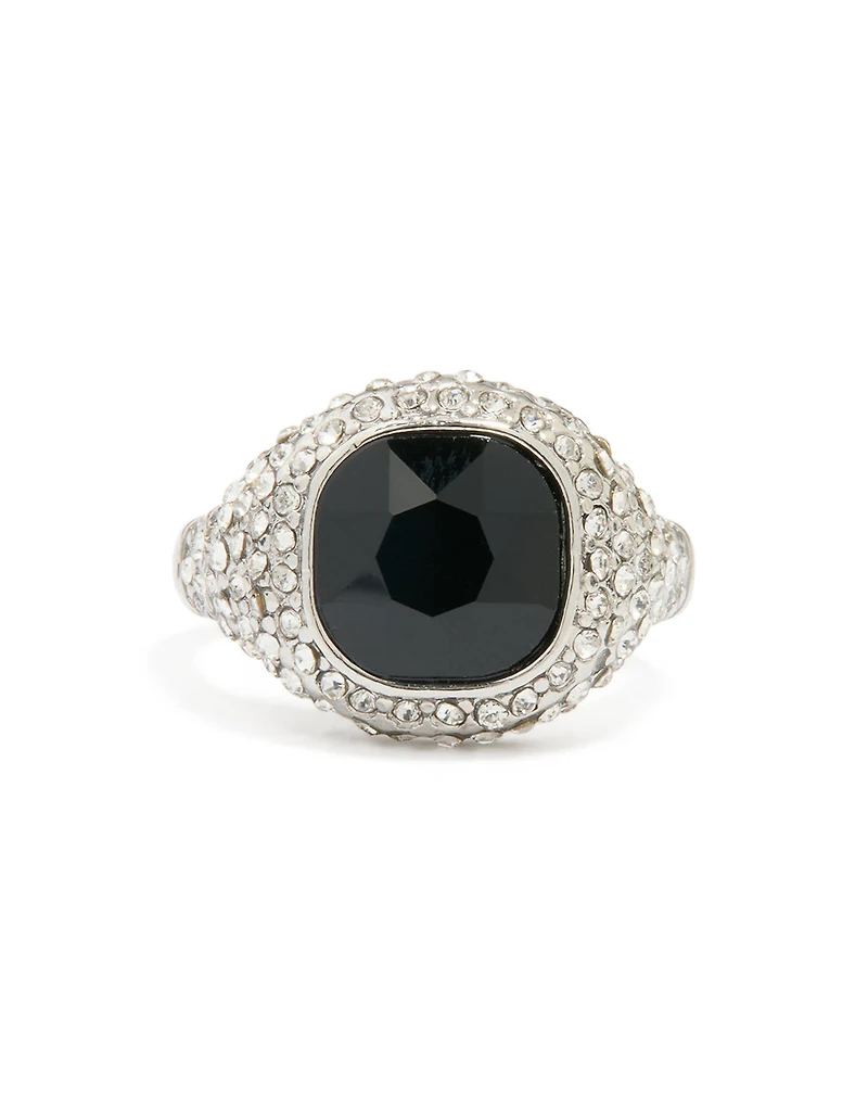 Anneau carré de strass argenté noir