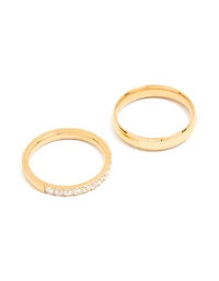 Waterproof Gold Plated Stainless Steel Diamante & Smooth Rings 2- Pack