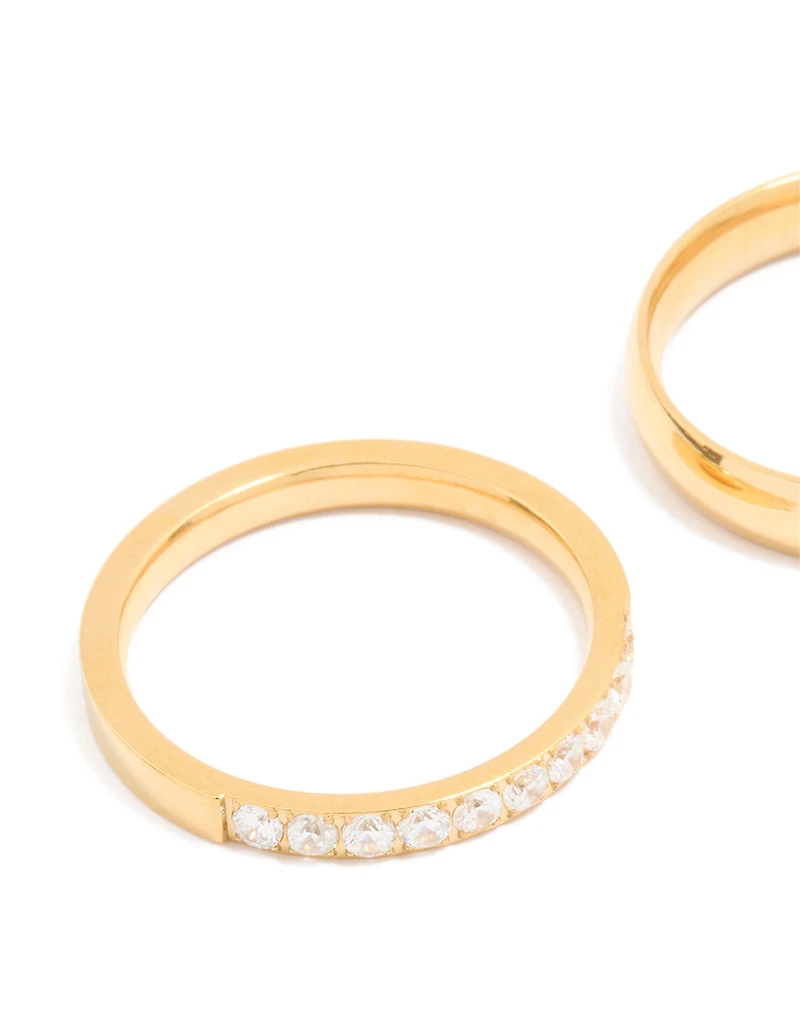 Waterproof Gold Plated Stainless Steel Diamante & Smooth Rings 2- Pack
