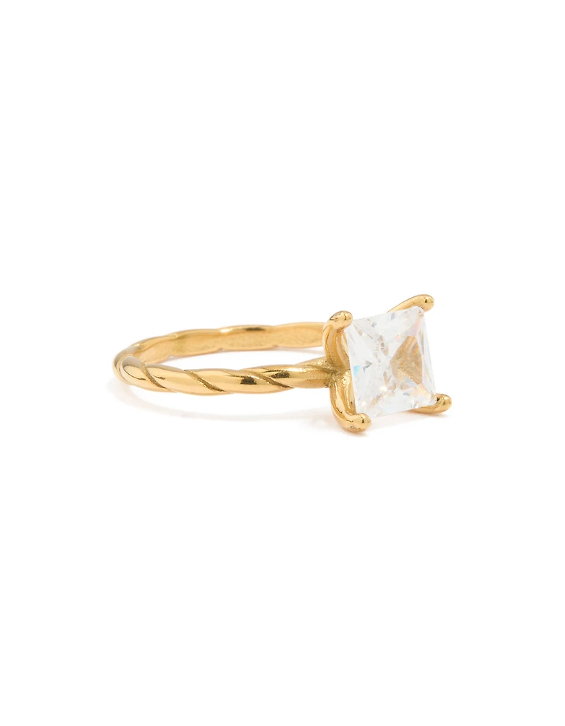 Waterproof Gold Plated Stainless Steel Cubic Zirconia Square Ring