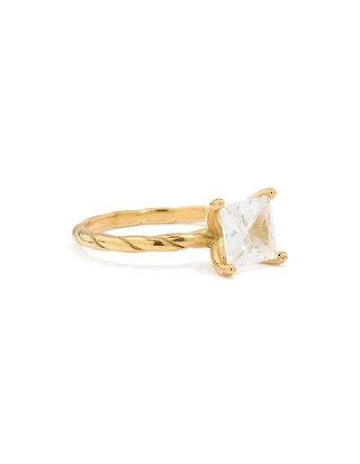 Waterproof Gold Plated Stainless Steel Cubic Zirconia Square Ring