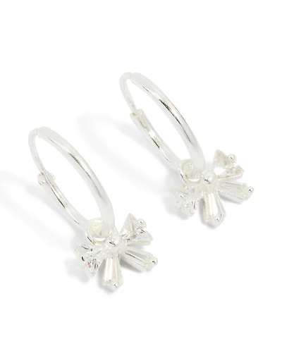 Sterling Silver Cubic Zirconia Bow Charm Huggie Earrings