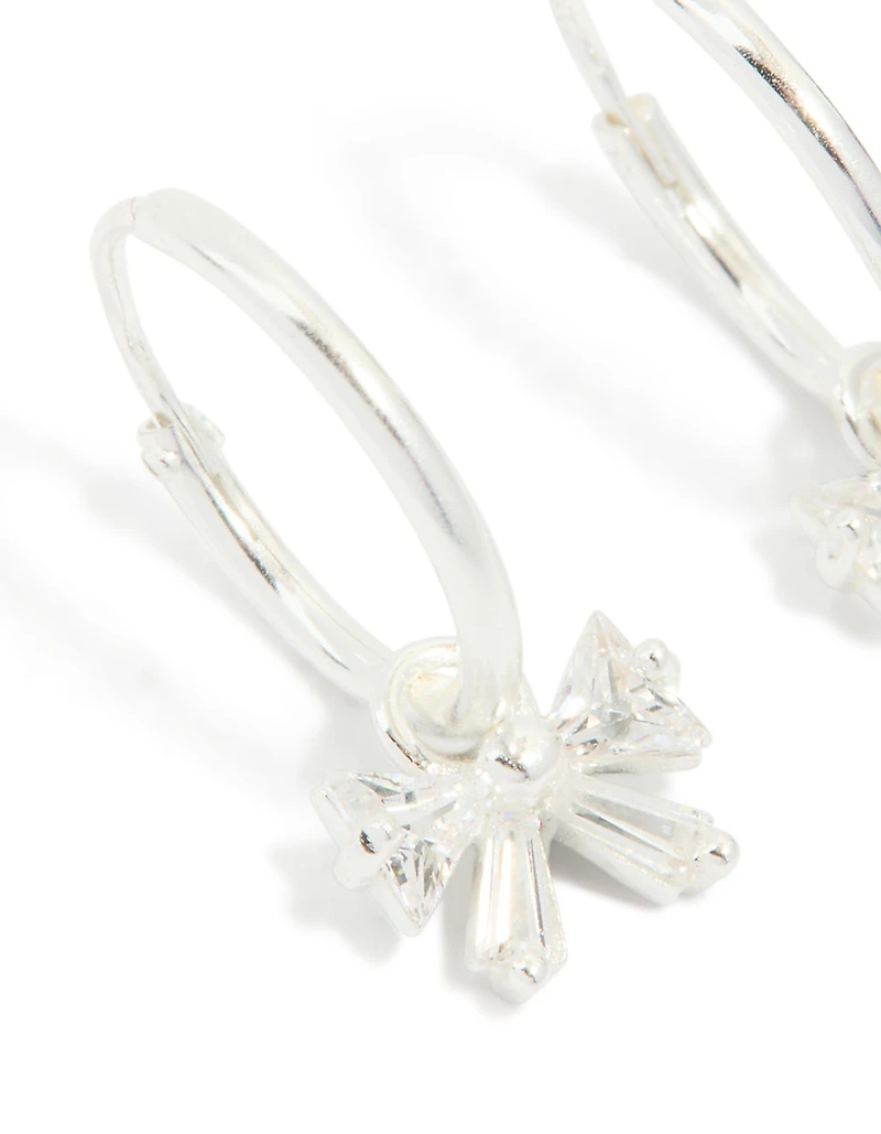 Sterling Silver Cubic Zirconia Bow Charm Huggie Earrings