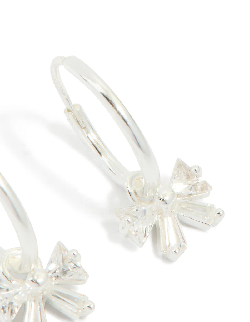 Sterling Silver Cubic Zirconia Bow Charm Huggie Earrings