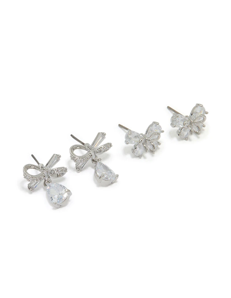 Silver Cubic Zirconia Bow Earrings 2-Pack