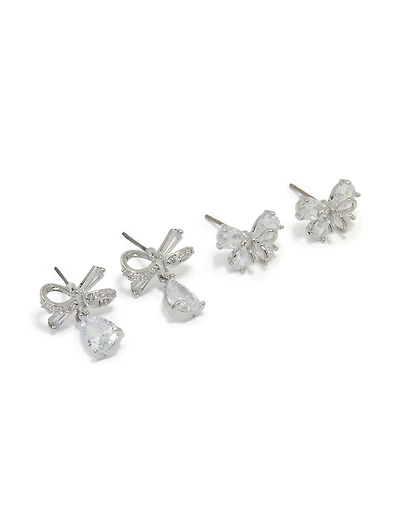 Silver Cubic Zirconia Bow Earrings 2-Pack
