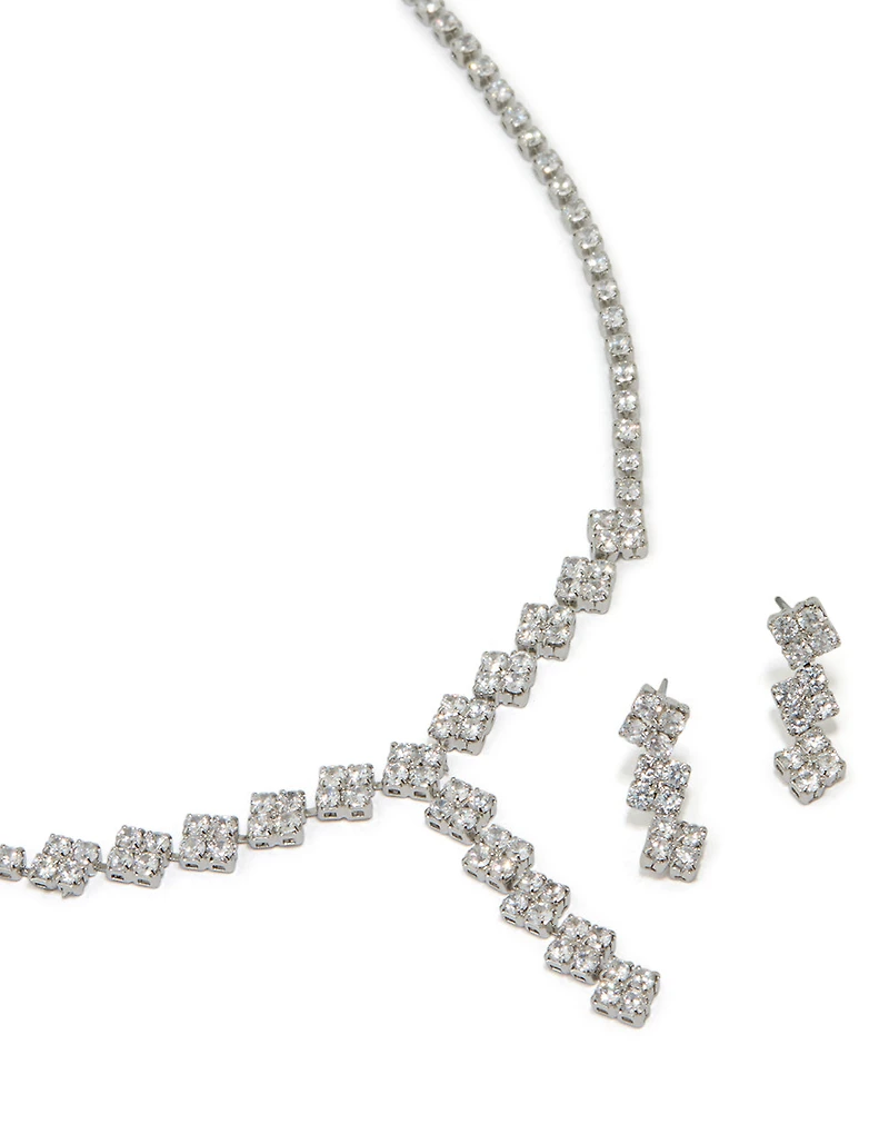Silver Cubic Zirconia Flower Y-Necklace & Earrings Set