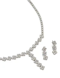 Silver Cubic Zirconia Flower Y-Necklace & Earrings Set