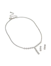 Silver Cubic Zirconia Flower Y-Necklace & Earrings Set
