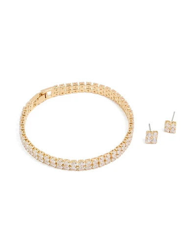 Gold Cubic Zirconia Tennis Bracelet & Earrings Set