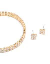 Gold Cubic Zirconia Tennis Bracelet & Earrings Set