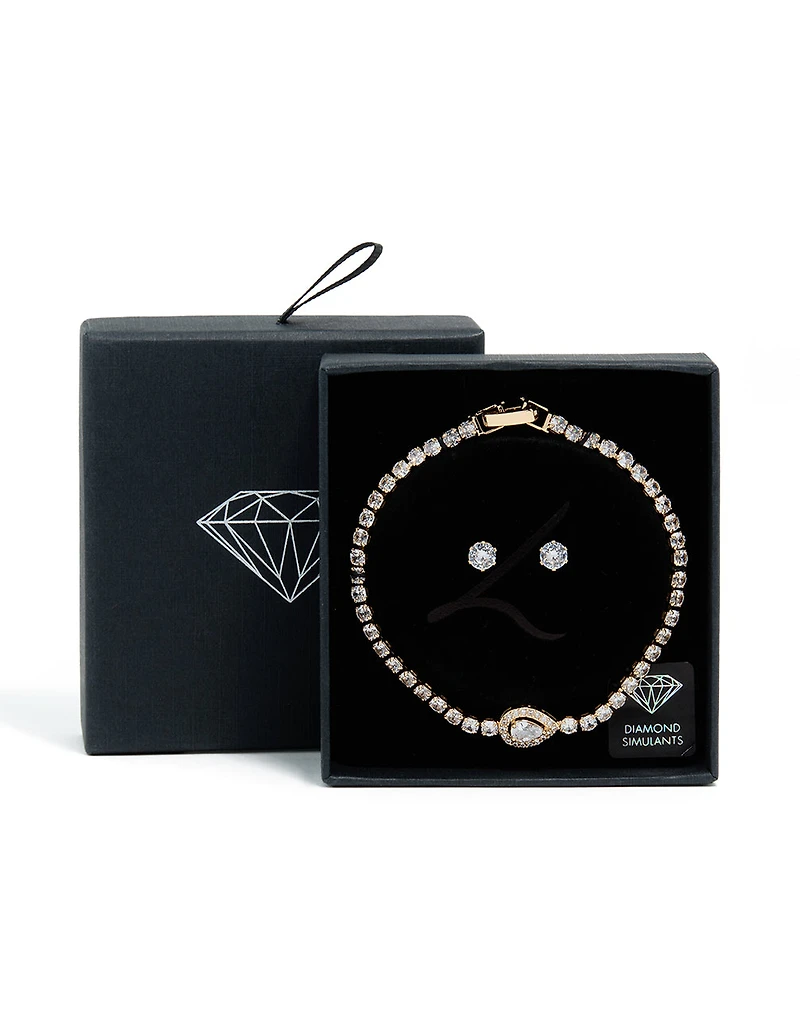 Gold Cubic Zirconia Pear Detail Centre Tennis Bracelet & Earrings Set