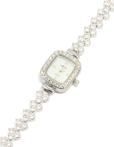 Silver Cubic Zirconia Rectangle Face Watch