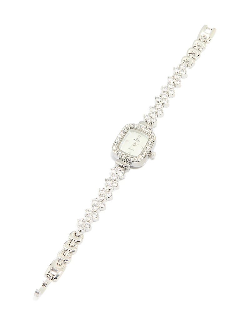 Silver Cubic Zirconia Rectangle Face Watch