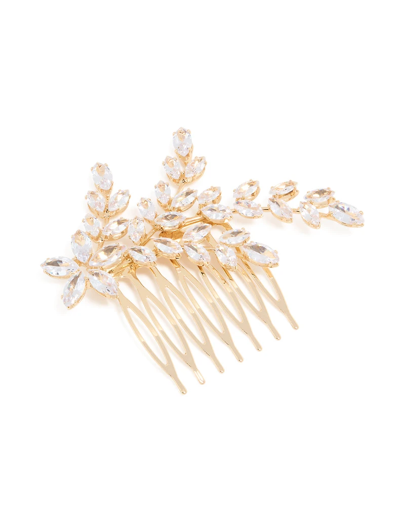 Gold Diamante Flower & Leaf Hair Comb
