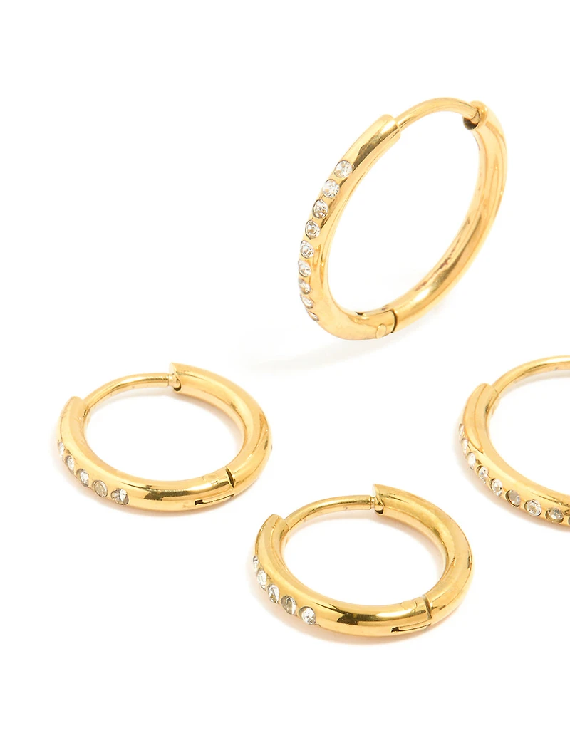 Waterproof Gold Plated Stainless Steel Cubic Zirconia Clicker Hoops 3-Pack