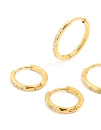 Waterproof Gold Plated Stainless Steel Cubic Zirconia Clicker Hoops 3-Pack