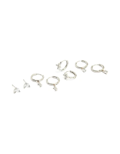 Waterproof Stainless Steel Cubic Zirconia & Baguette Flower Huggie Earrings 4-Pack