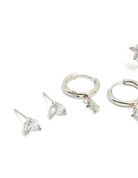 Waterproof Stainless Steel Cubic Zirconia & Baguette Flower Huggie Earrings 4-Pack