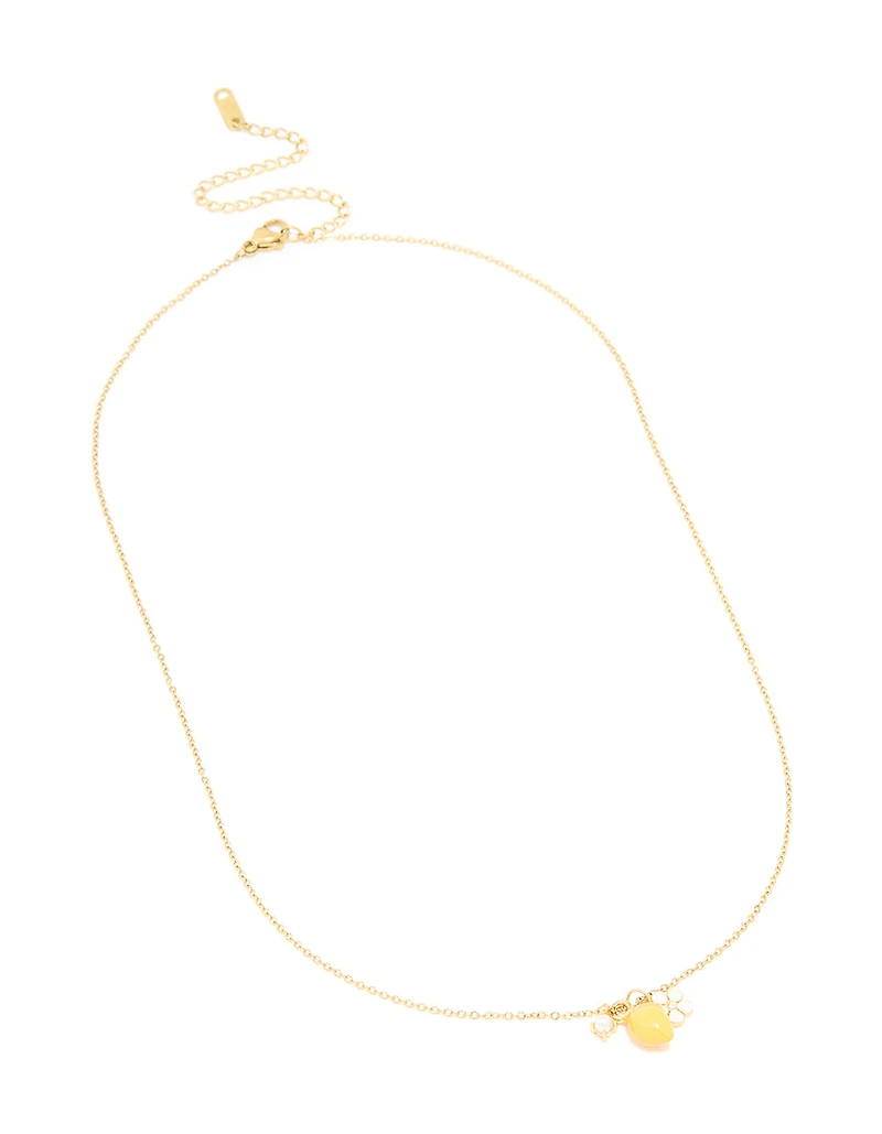 Collier imperméable en acier inoxydable plaqué or en citron et grappes de fleurs