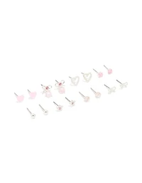 Silver Pink Diamante Heart & Bow Mixed Earrings 8-Pack