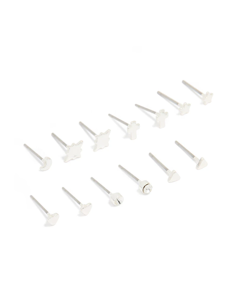 Silver Cross & Star Stud Earrings 8-Pack