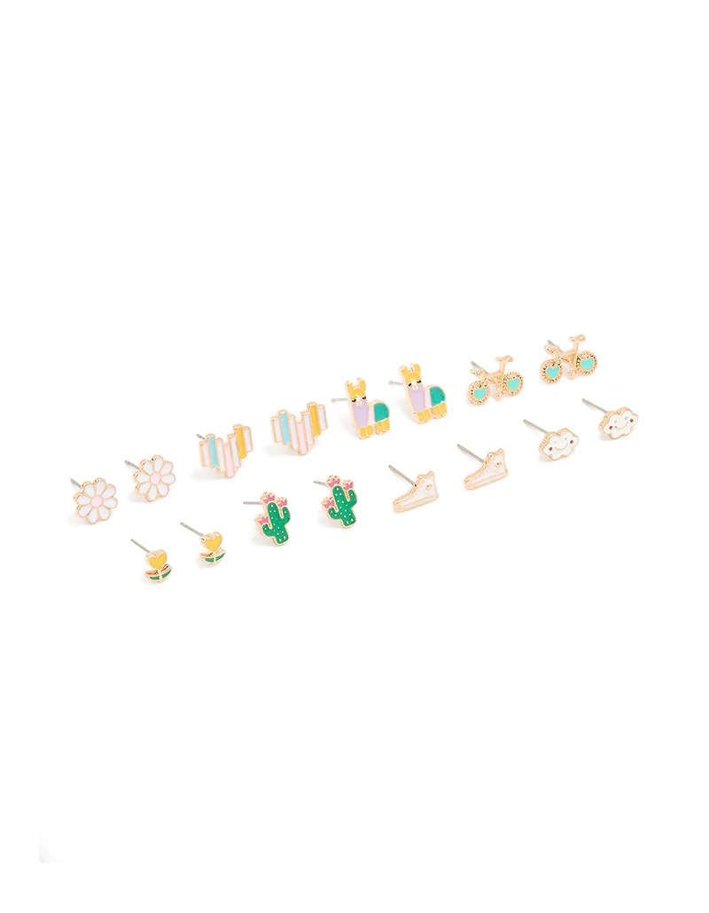 Gold Flower & Bike Stud Earrings 8-Pack