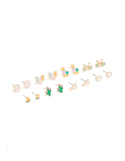 Gold Flower & Bike Stud Earrings 8-Pack