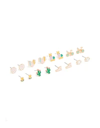 Gold Flower & Bike Stud Earrings 8-Pack