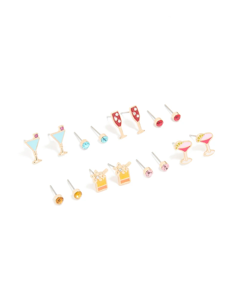 Gold Drinks & Diamante Stud Earrings 8-Pack