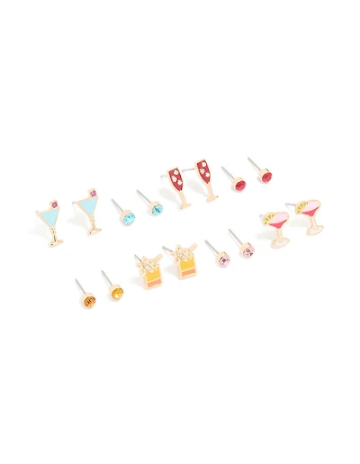 Gold Drinks & Diamante Stud Earrings 8-Pack