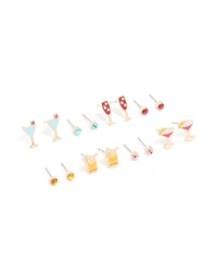 Gold Drinks & Diamante Stud Earrings 8-Pack