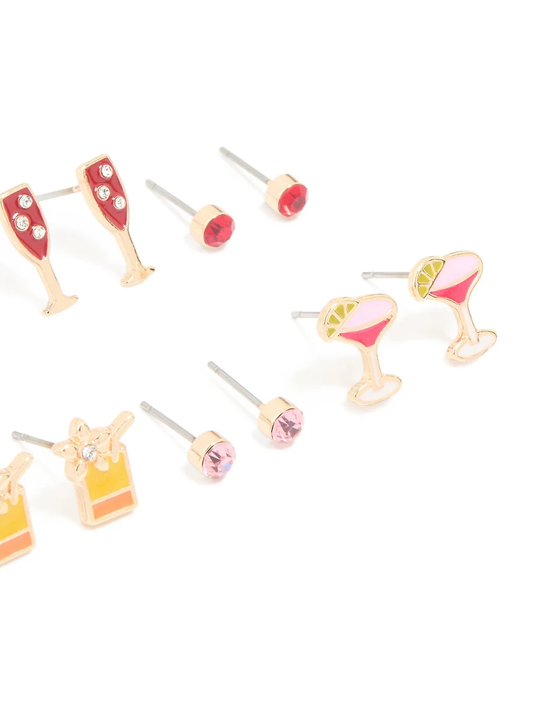 Gold Drinks & Diamante Stud Earrings 8-Pack