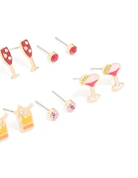 Gold Drinks & Diamante Stud Earrings 8-Pack