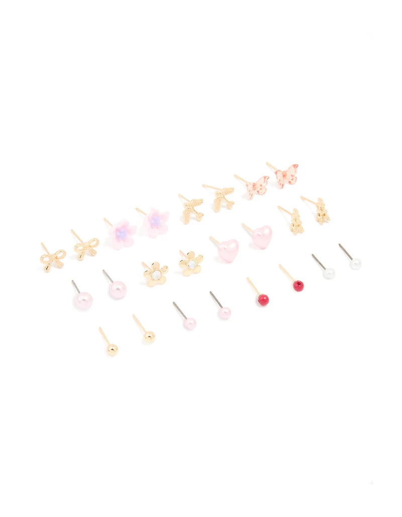 Gold Flower Bow & Heart Earrings 12-Pack