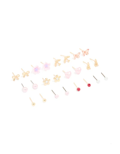 Gold Flower Bow & Heart Earrings 12-Pack