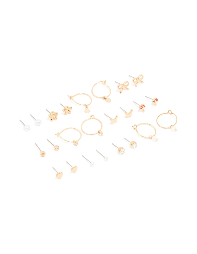 Gold Mushroom & Bow Stud Earrings 12-Pack