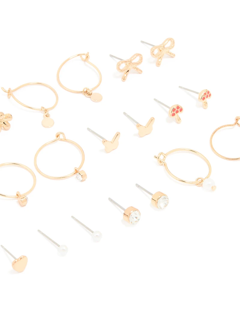Gold Mushroom & Bow Stud Earrings 12-Pack
