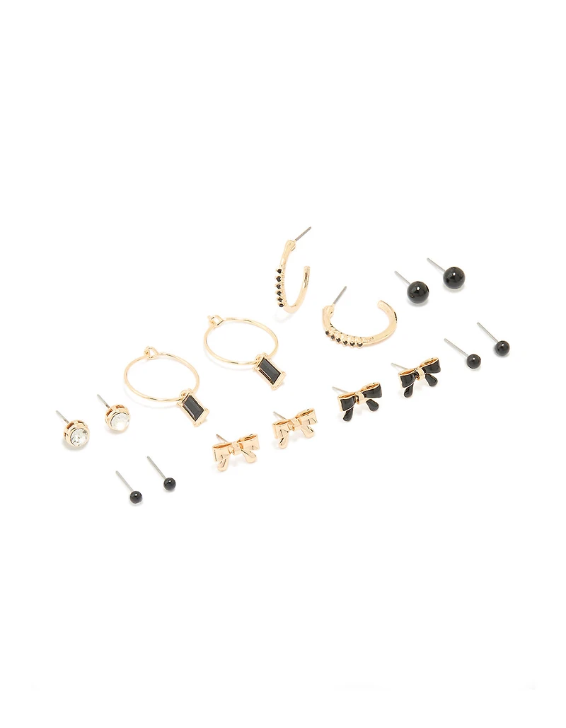 Gold Black Diamante & Bow Mixed Hoop Earrings 8-Pack