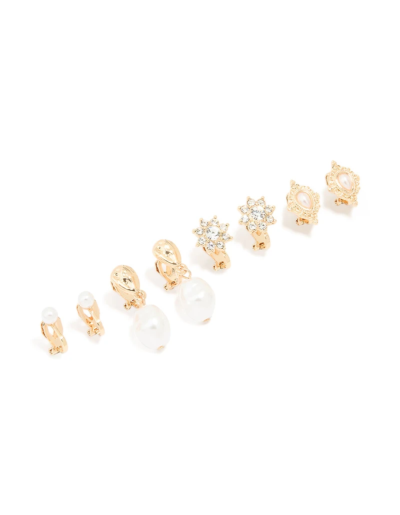 Gold Diamante & Pearl Clip-On Earrings 4-Pack