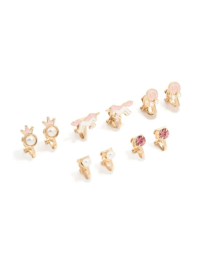 Kids Gold Pearl & Unicorn Clip On Earrings 6-Pack