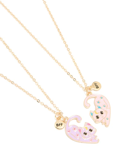 Kids Gold Pink & Purple Cat Best Friends Necklaces 2-Pack